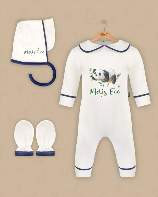 Leuk en schattig panda | Boxpakje met Muts en Anti-krabwantjes | Beige en Marineblauw | Luxe Baby Cadeau - Can Baby