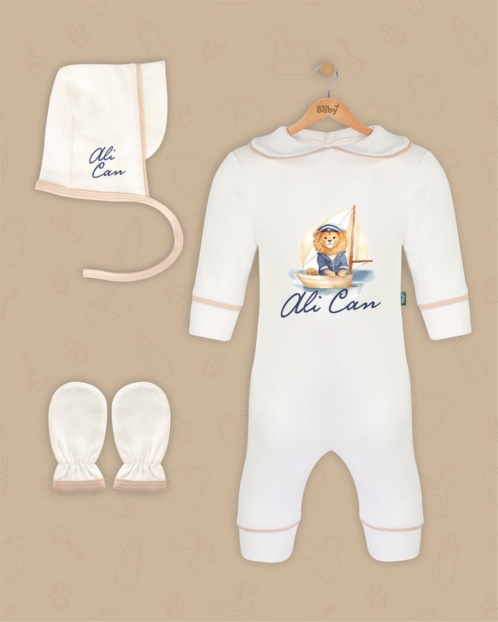 Kapitein Leeuw | Boxpakje met Muts en Anti-krabwantjes | Beige en Marineblauw | Luxe Baby Cadeau - Can Baby