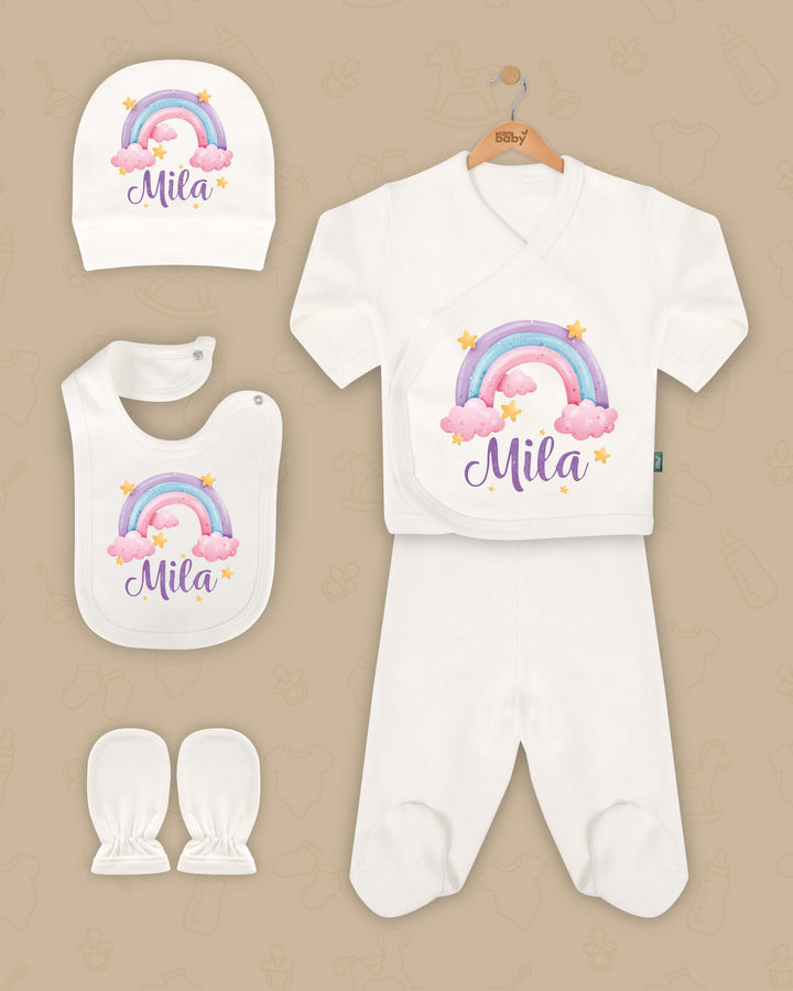 Pastel Wolkjes en Regenboog Newborn setje | Gepersonaliseerde | Geboorte pakje | Kraamcadeau set | Biologisch katoen - Can Baby