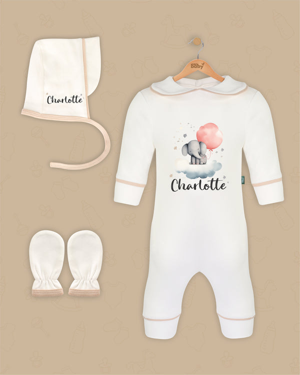Persoonlijke Olifant | Boxpakje met Muts en Anti-krabwantjes | Beige en Marineblauw | Luxe Baby Cadeau - Can Baby