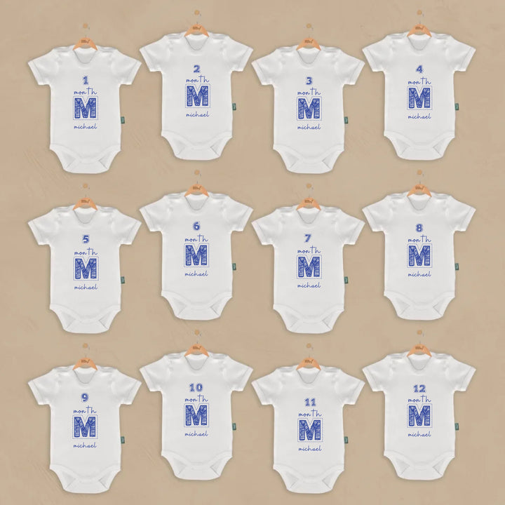 12-delige babymilestone romper set met persoonlijke naam en maandnummer voor baby mijlpalen