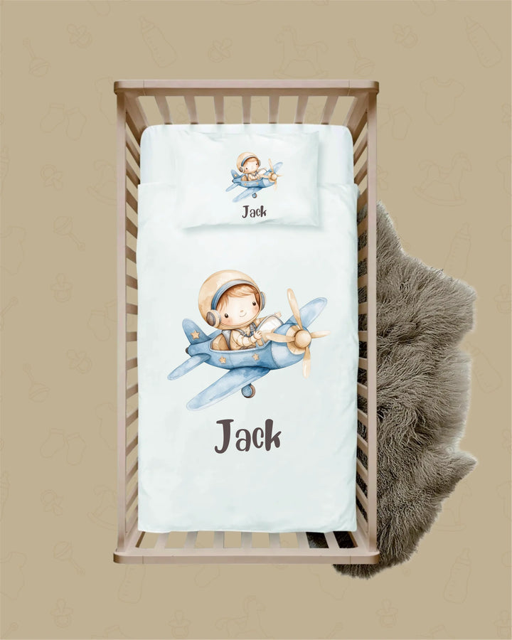 Gepersonaliseerd dekbedovertrek voor kind met vliegtuig en naam Jack, 100% katoen, geschikt voor ledikant.