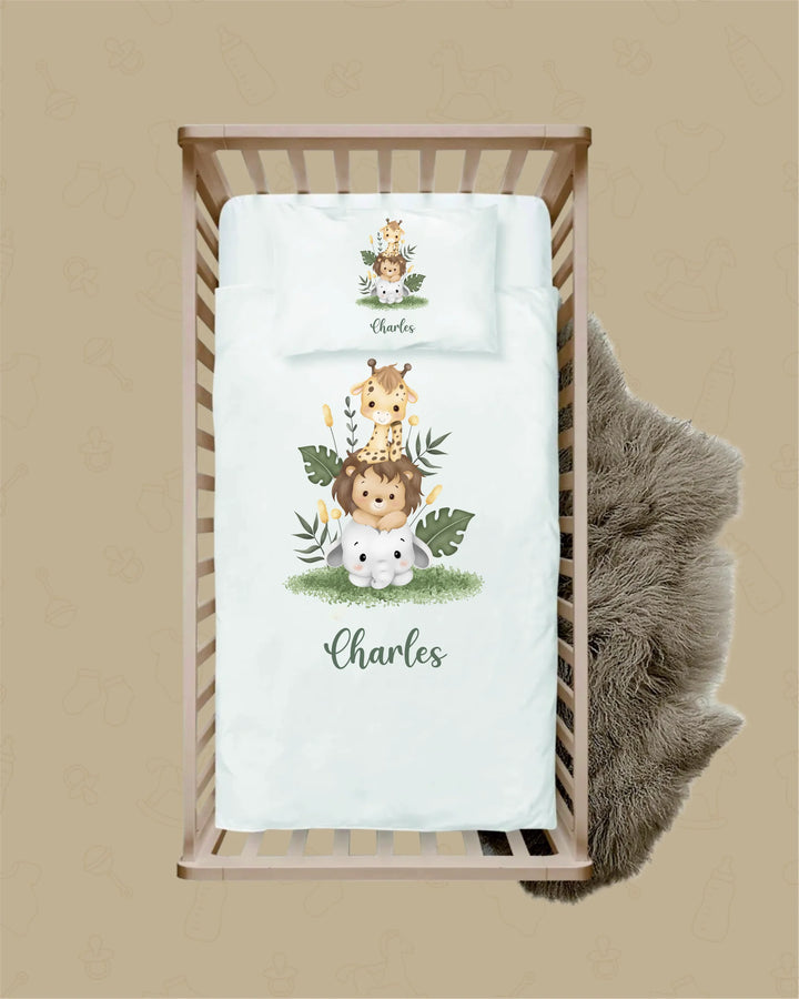 Gepersonaliseerd dekbedovertrek met naam Charles, dierenillustraties, 100% katoen, voor babybedje.