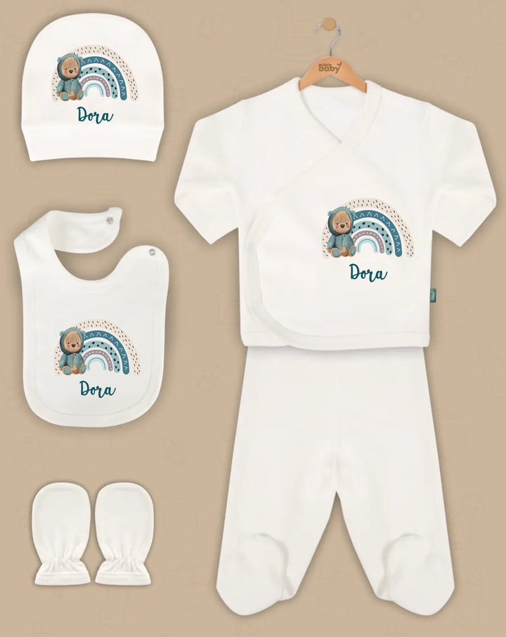5-piece personalized baby clothing gift set featuring a rainbow design, soft organic cotton for comfort.