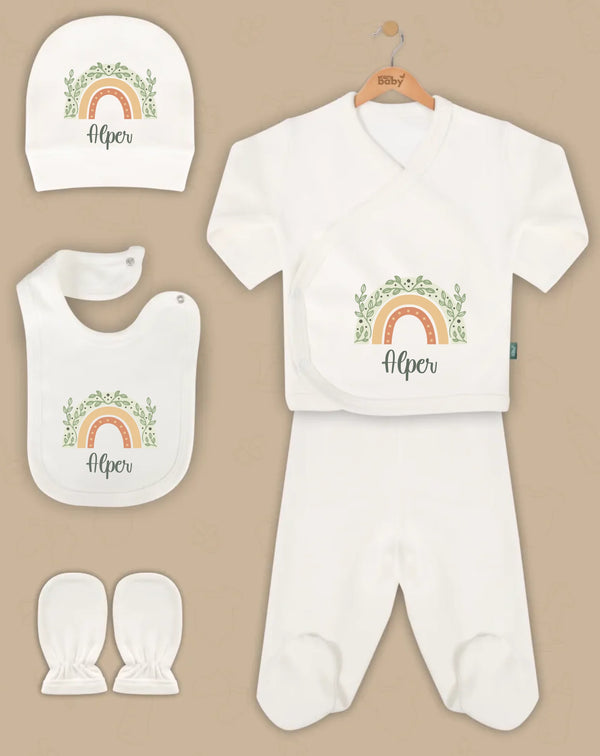 5-piece personalized baby clothing set featuring a cute rainbow design, made from 100% organic cotton.