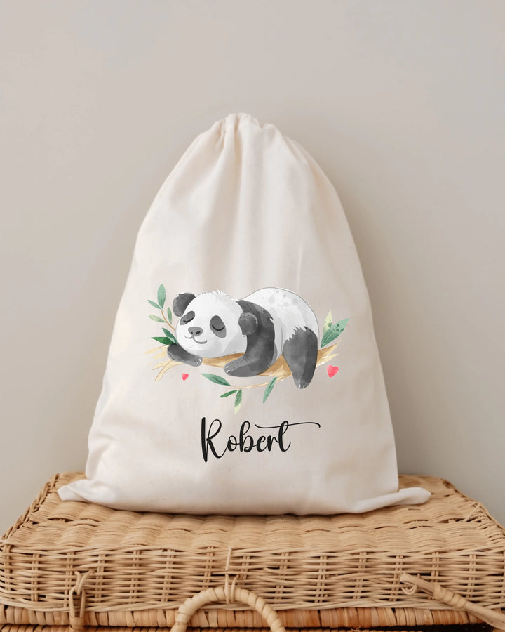 Persoonlijk opbergzak met panda en naam Robert, perfect voor babyspullen en geschenken.