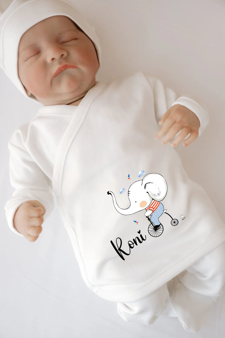 Gepersonaliseerd babyshirt met schattige olifantillustratie en naam Roni, perfect voor pasgeborenen.