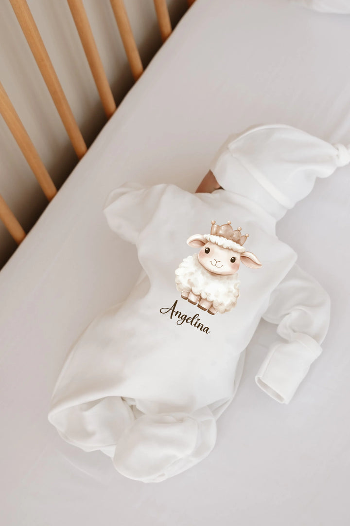 Wit newborn onesie with a cute sheep design and the name Angelina, perfect for newborn girls.
