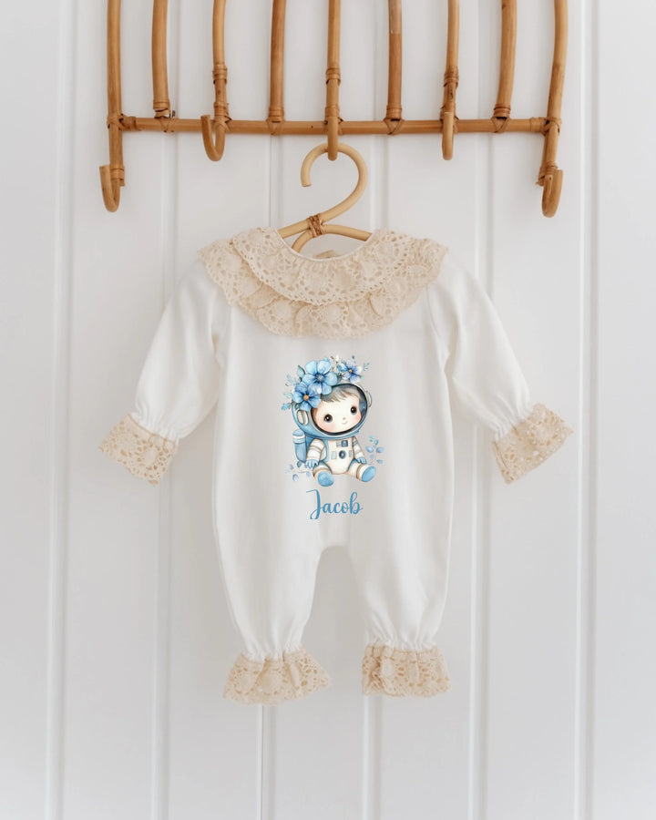 Astronaut baby romper with lace details, personalized for Jacob, perfect for newborns and baby gifts.