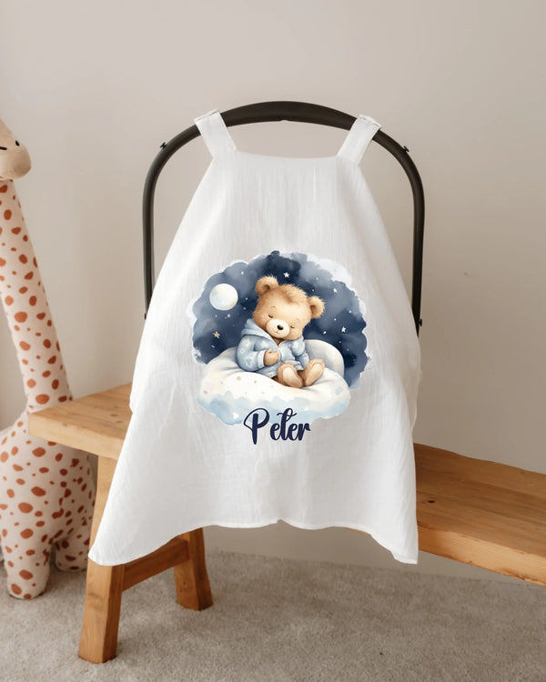 Gepersonaliseerde zonnekap met teddybeer illustratie voor autostoel, perfect voor pasgeborenen, naam: Peter.
