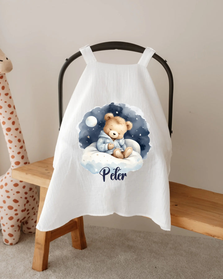 Gepersonaliseerde zonnekap met teddybeer illustratie voor autostoel, perfect voor pasgeborenen, naam: Peter.