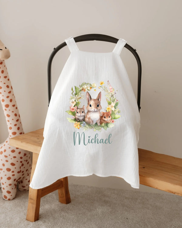 Gepersonaliseerde zonnekap met konijntjes en bloemen, naam Michael, voor autostoel van baby's.