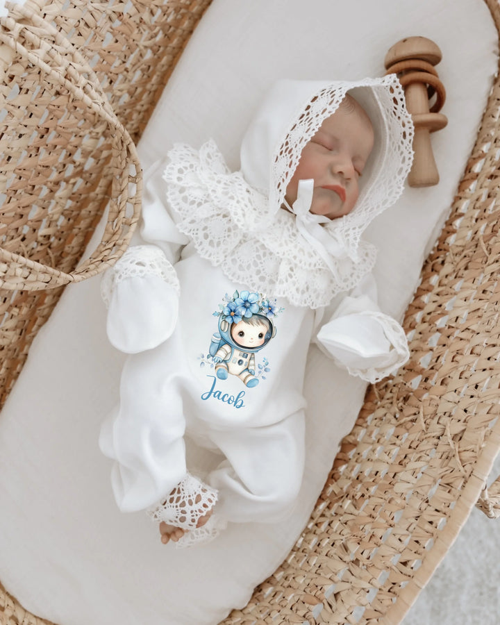 Newborn astronaut outfit with lace details personalized for Jacob, perfect for baby photos or as a gift.