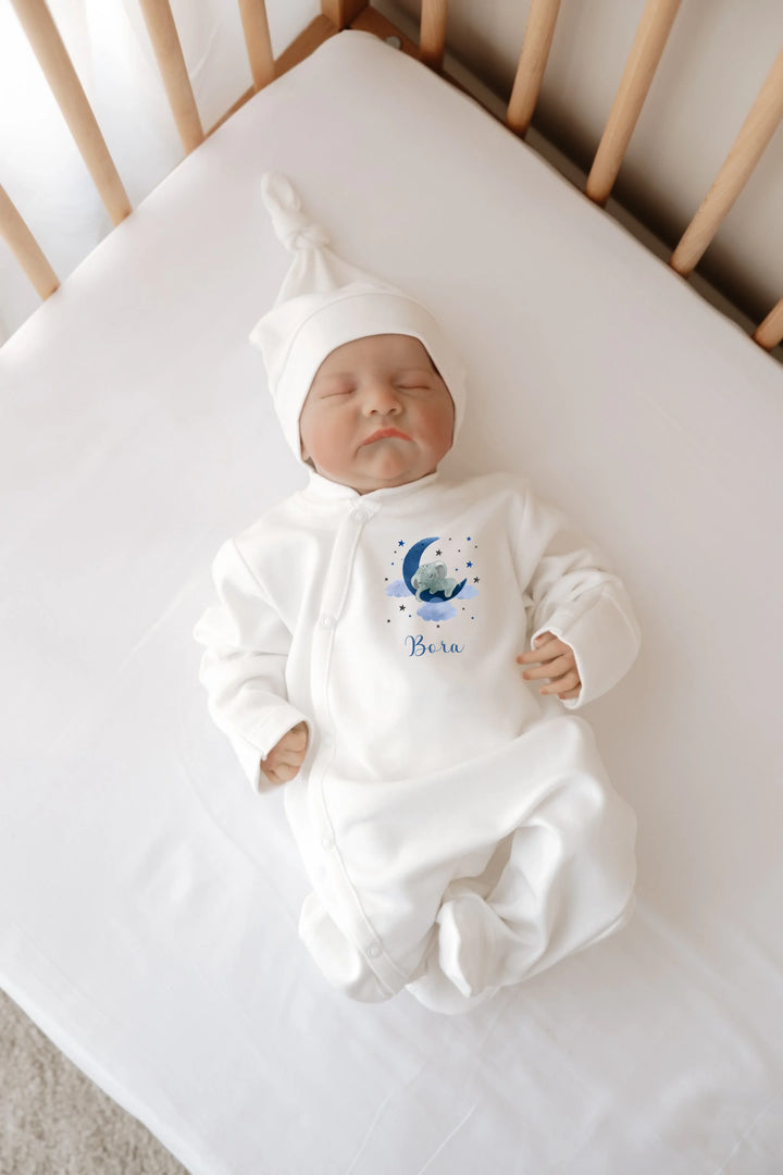 Gepersonaliseerd newborn boxpakje met olifant en maan design voor baby, 0-3 maanden, met zachte katoen.