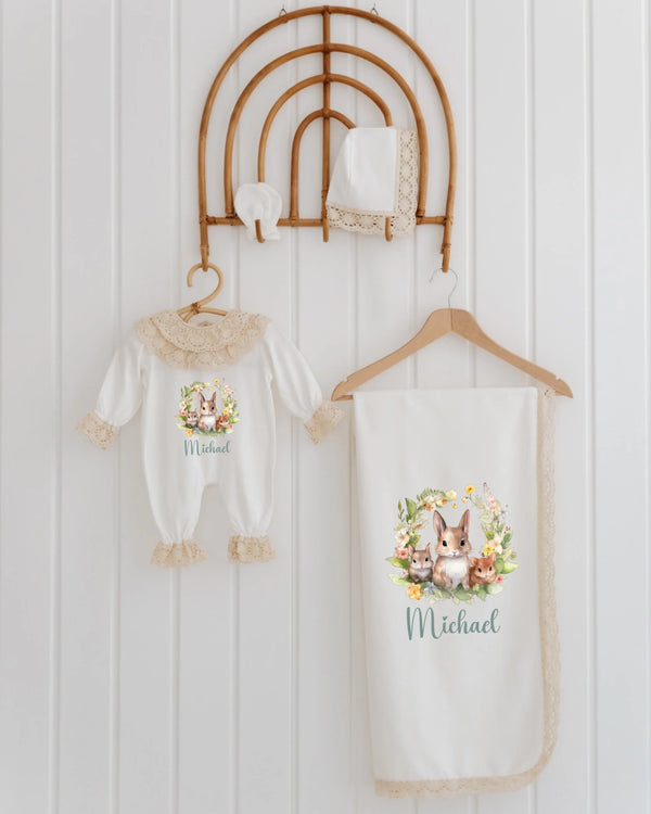 4-piece personalized baby clothing set with bunny and floral designs for newborns, featuring the name Michael.