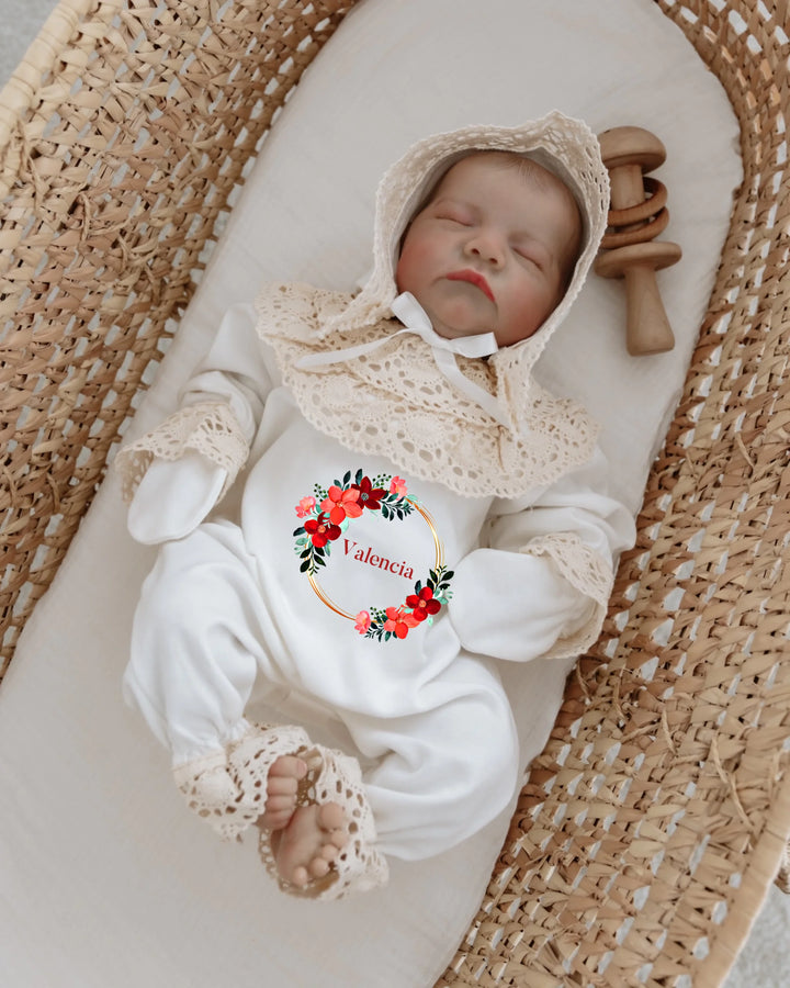 Newborn girl wearing a floral romper and lace bonnet, personalized with the name Valencia, in a cozy woven basket.