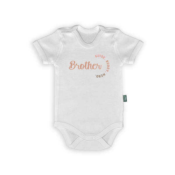 Brother romper in white with the text 'Brother - Guide, Buddy, Hero' for new and expectant siblings.