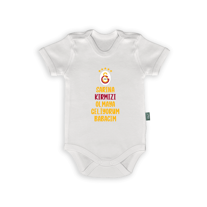 Galatasaray baby romper with funny text in Turkish for little fans, perfect for young supporters.