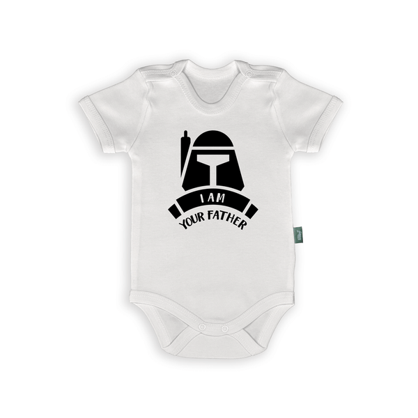 Funny baby romper with text 'I Am Your Father' and iconic mask silhouette, perfect for Star Wars dads.