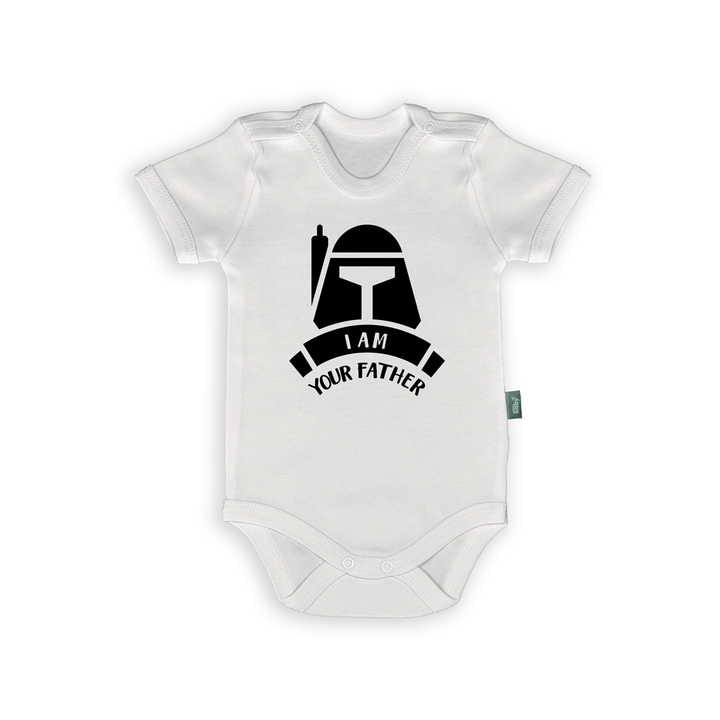 Funny baby romper with text 'I Am Your Father' and iconic mask silhouette, perfect for Star Wars dads.