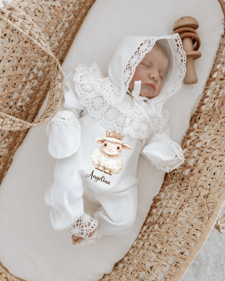 Newborn girl outfit set with sheep design, lace trim, and personalized name Angelina, perfect for baby girls.