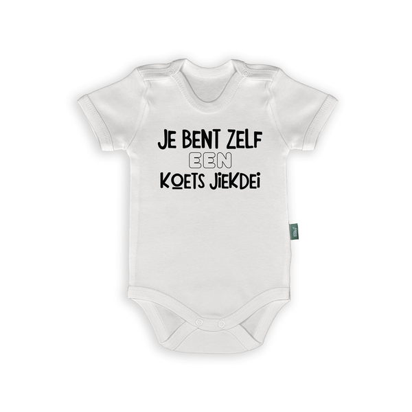 Limburgs babyrompertje met tekst 'Je bent zelf een Koets Jiekdei', perfect voor ouders met humor.