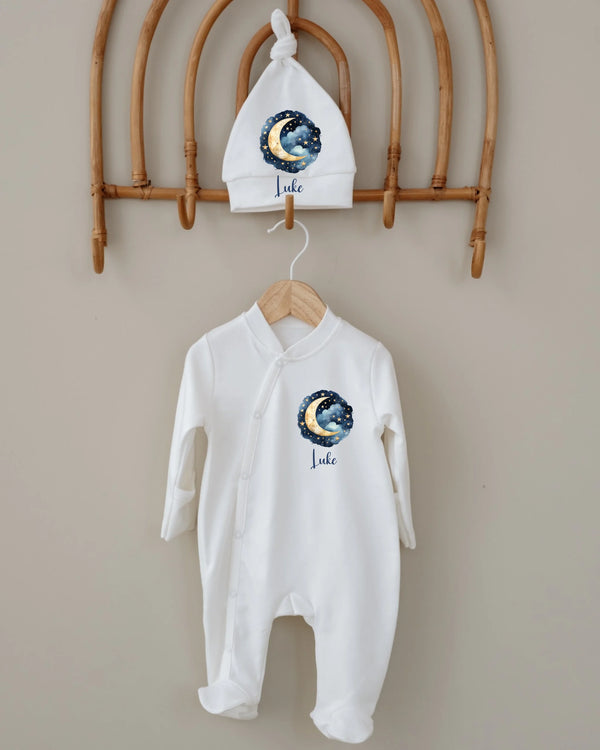 Witte baby boxpakje met dromerige maan en sterren, gepersonaliseerd met naam Jack