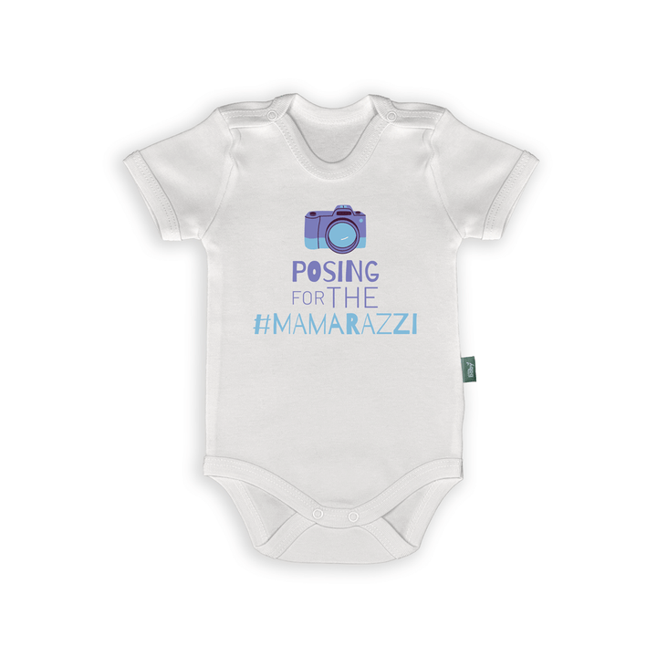 White baby romper with the text 'Posing for the #Mamarazzi' and a camera graphic, perfect for trendy infants.
