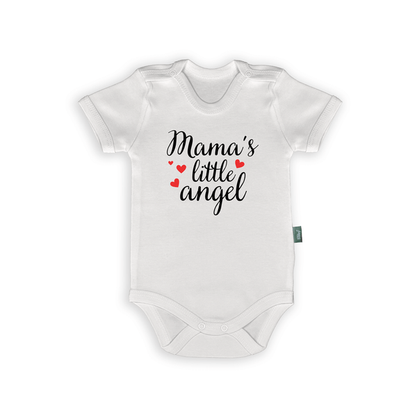Mama's Little Angel romper with playful heart design, perfect gift for new mothers and baby showers.