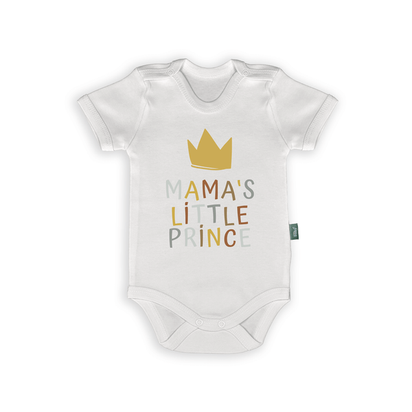 Mama's Little Prince Romper with crown print, made from soft cotton, ideal gift for baby boys.