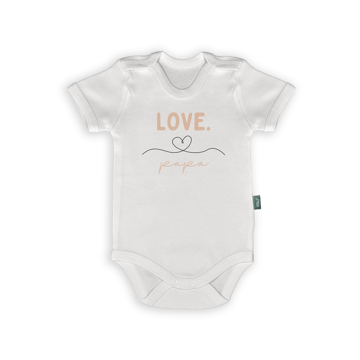 Minimalistisch rompertje met tekst 'LOVE. papa' en hartlijn-illustratie, perfect cadeau voor ouders.