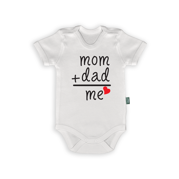 Humorous baby romper with 'Mom + Dad = Me' design in black text on a white background.