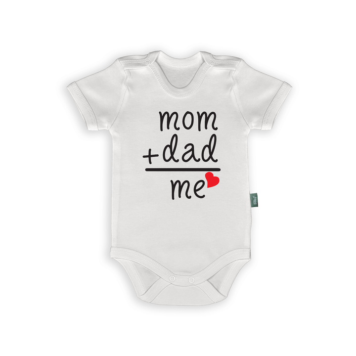 Humorous baby romper with 'Mom + Dad = Me' design in black text on a white background.