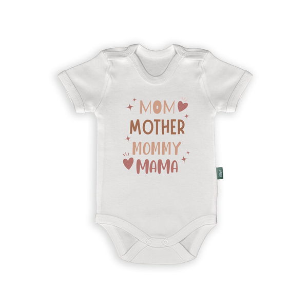Cute white romper featuring the words Mom, Mother, Mommy, and Mama, celebrating maternal love.