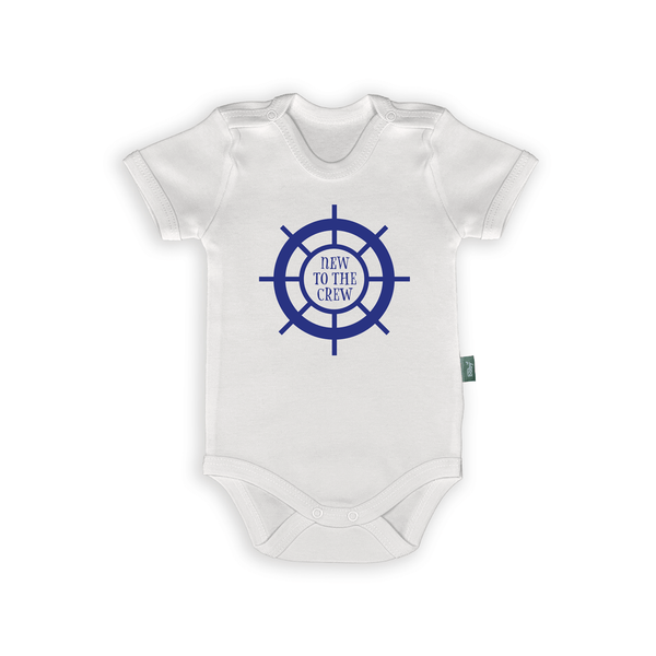 Romper for infants displaying 'New to the Crew' text with a nautical steering wheel design, perfect baby gift.