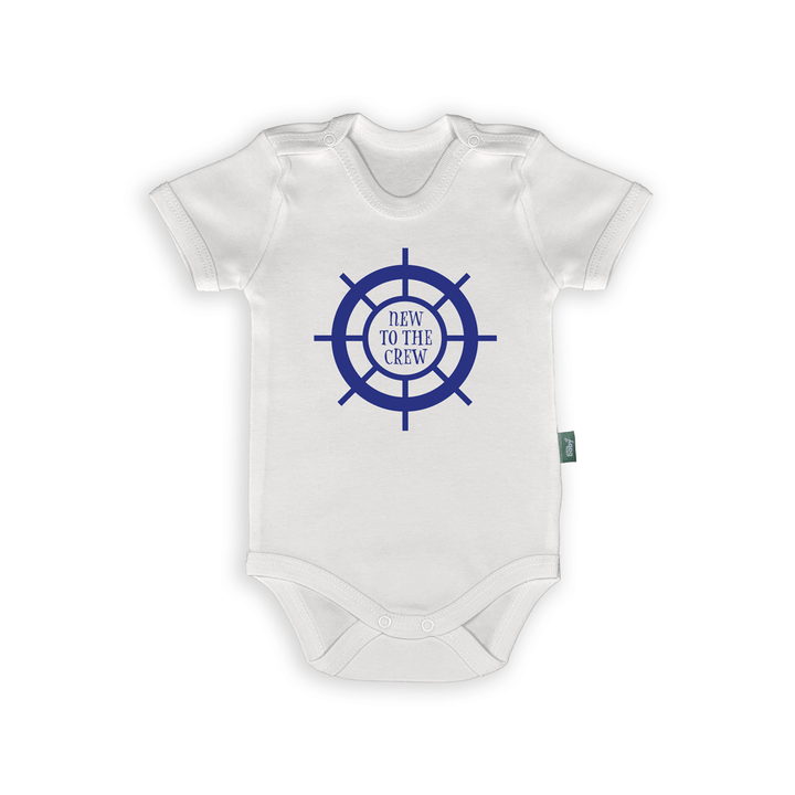 Romper for infants displaying 'New to the Crew' text with a nautical steering wheel design, perfect baby gift.