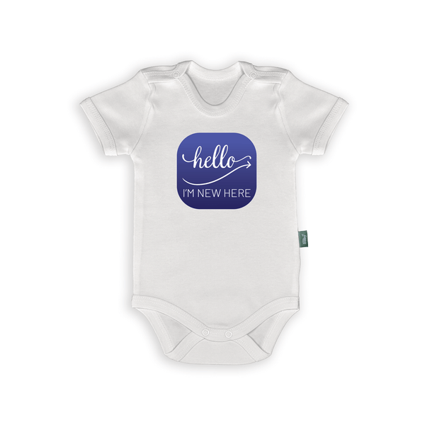 White baby romper with blue 'Hello I'm New Here' print, perfect newborn gift and photography outfit.