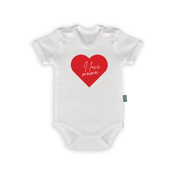Baby romper with a red heart and text 'I love mama' for Mother's Day or baby shower gift.