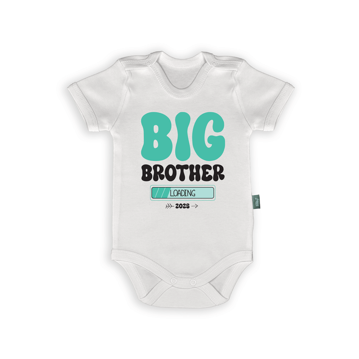 Baby bodysuit with text "Big Brother Loading 2025" designed for pregnancy announcement and photo shoots.