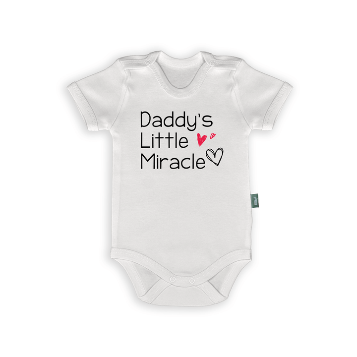 White baby romper with text 'Daddy's Little Miracle' and heart graphics, perfect gift for new parents.
