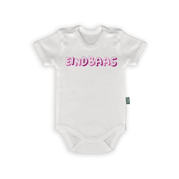 White baby romper with playful text 'EINDBAAS' in colorful font, perfect for spirited infants.