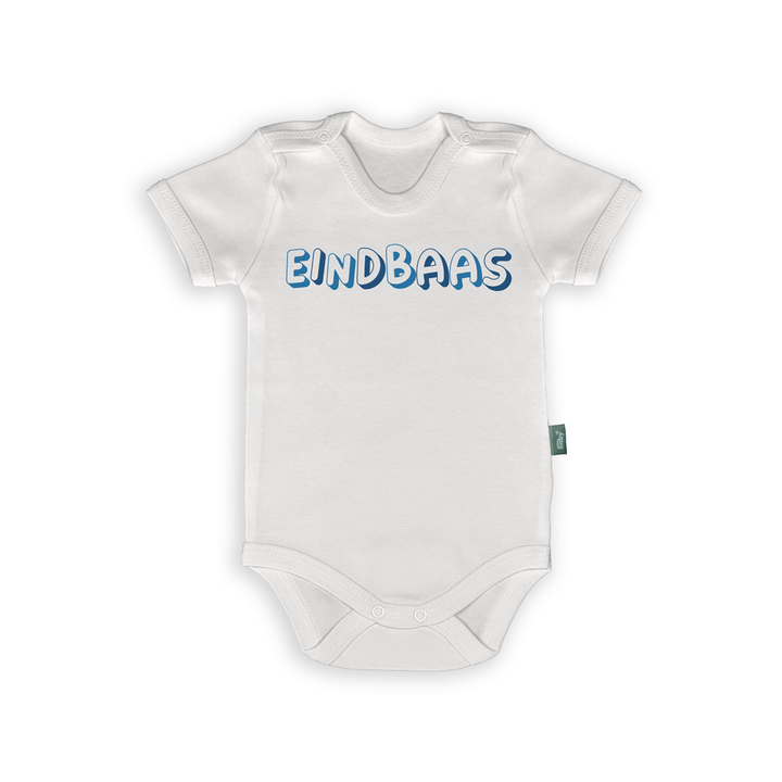 White baby onesie with playful text 'EINDBAAS', perfect for bold personalities and gamer parents.