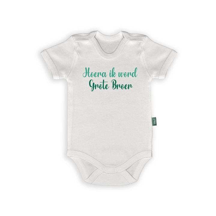 Rompertje voor baby's met de tekst 'Hoera ik word Grote Broer' in groene letters, perfect voor zwangerschapsaankondiging.