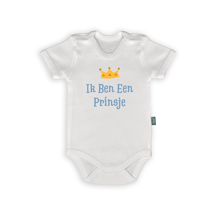 Rompertje met tekst "Ik Ben Een Prinsje" en gouden kroontje, ideaal voor pasgeboren baby's.