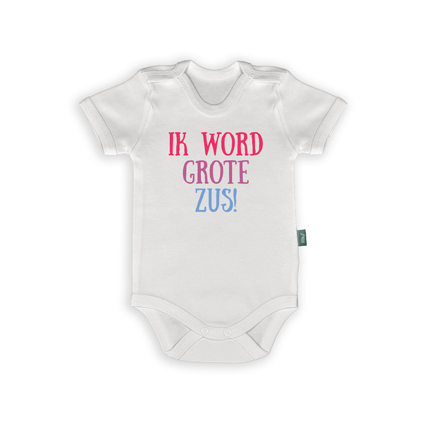Witte romper met de tekst 'Ik Word Grote Zus!' voor zwangerschap aankondiging en peuters.