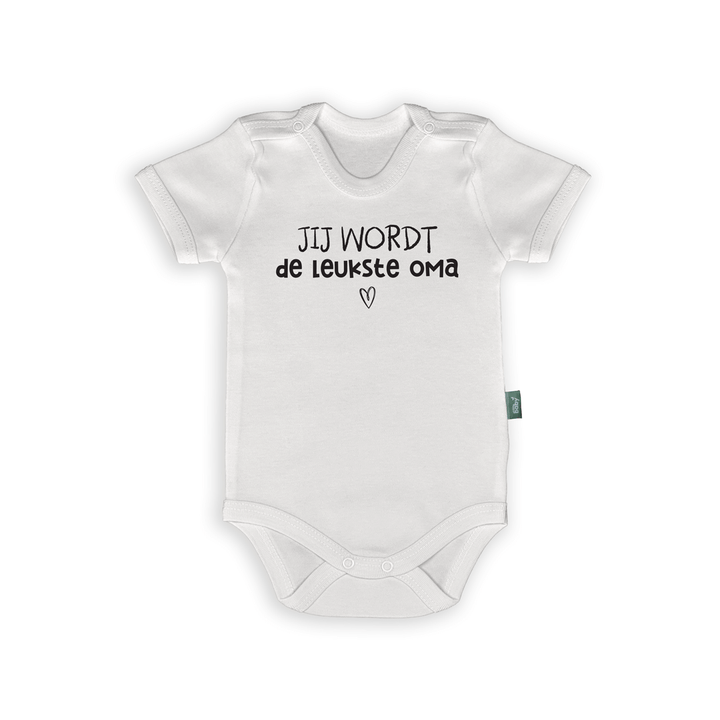 Rompertje voor baby's met de tekst 'Jij wordt de leukste oma' als zwangerschapsaankondiging voor grootouders.
