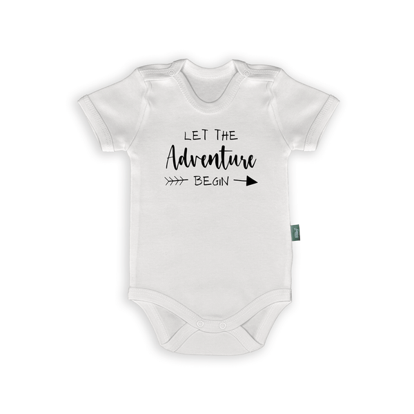 Romper with text 'Let the Adventure Begin' featuring a stylish arrow design, perfect gift for newborns.