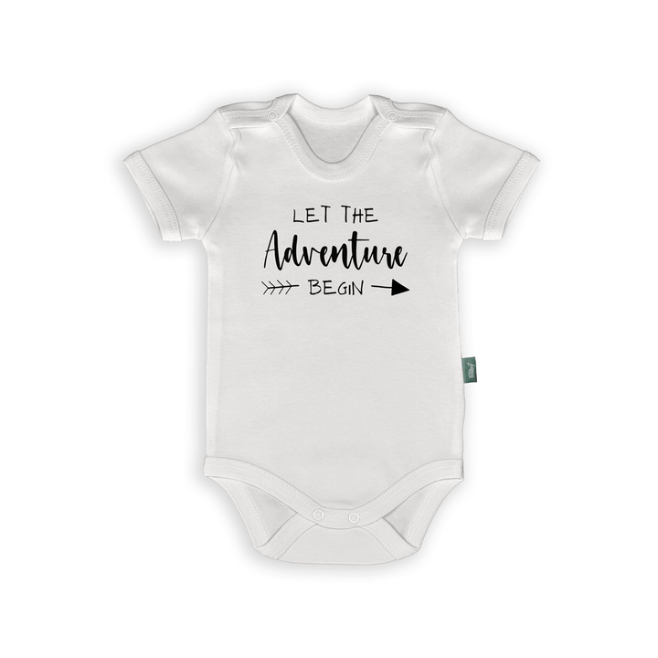 Romper with text 'Let the Adventure Begin' featuring a stylish arrow design, perfect gift for newborns.