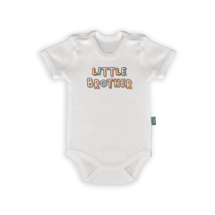Baby romper with colorful text 'Little Brother', perfect gift for new siblings.