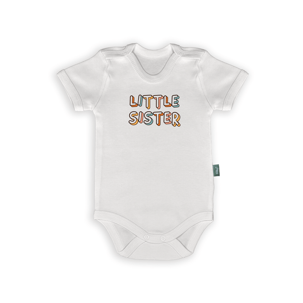 Baby romper with colorful text 'Little Sister', perfect gift for new siblings.